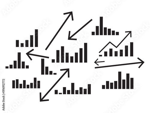 Interconnected bar charts showing diverse data trends and directional flow