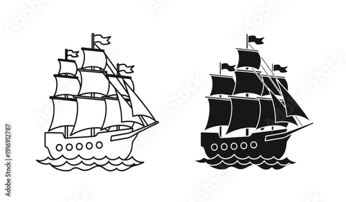 Black and white clip art of two sailing ships with multiple masts on water