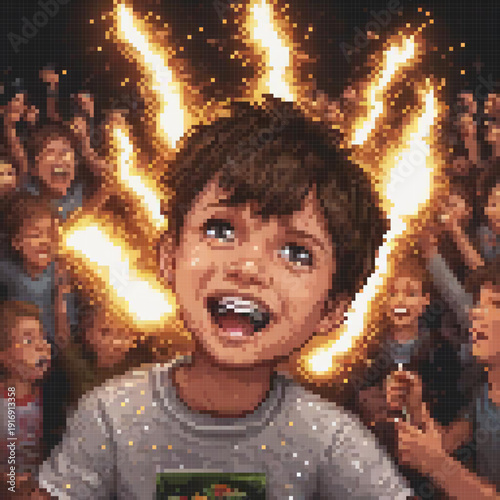 A pixel art image depicts a young boy with a crowd around him, with flames and sparks surrounding him.