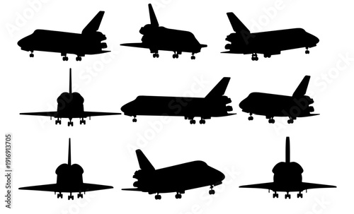 Space shuttle aircraft vector set isolated on white background, reusable spacecraft rocket launch and space exploration concept.