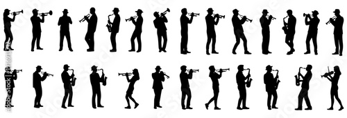 Wind musical instrument and musician silhouette vector illustration isolated on white background, orchestral band performance concept.