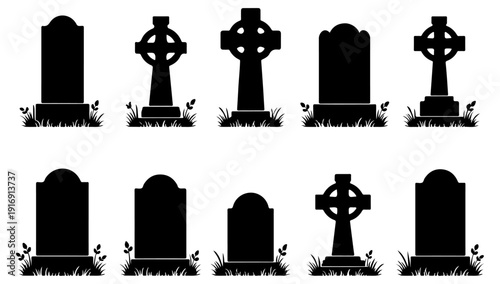 Gravestone and cross silhouette vector set isolated on white background, cemetery memorial tombstone icon collection.