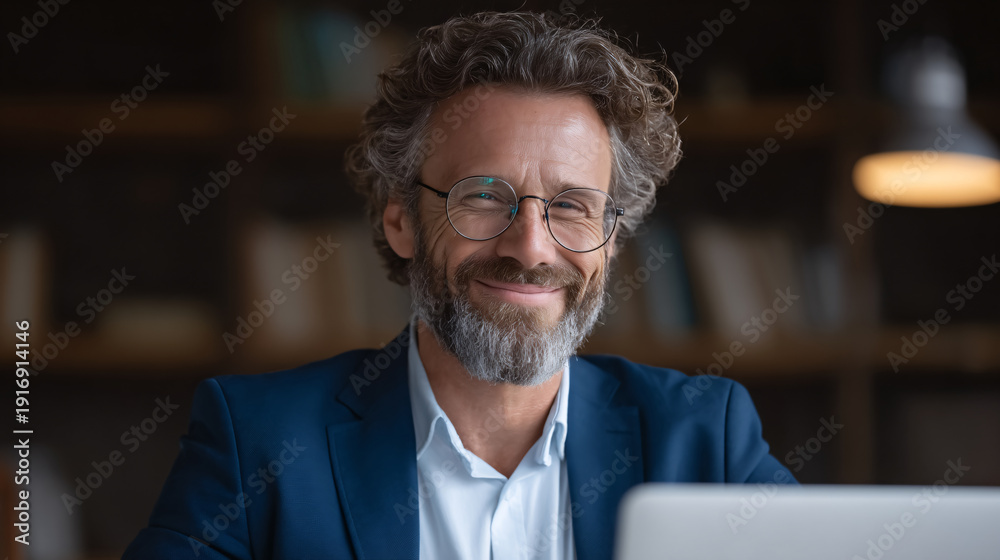 Fototapeta premium A smiling man with glasses and curly hair in a professional setting.