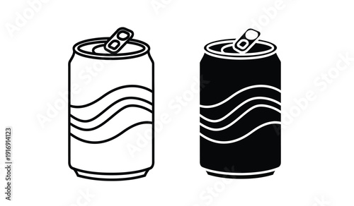 Two soda cans one black and white icon with wavy lines on each