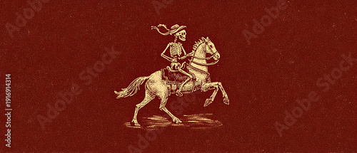 vintage skeleton cowboy riding a horse in a desert landscape illustration concept vintage style
