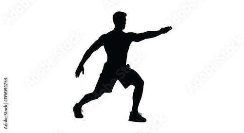 Silhouette of muscular man performing dynamic stretching or intense athletic exercise against a white background