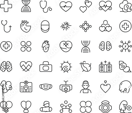 medical, healthcare, anatomy, icons, line, vector, heart, brain, dna, hospital, clinic, treatment, diagnosis, wellness, medicine, biology, patient, therapy, collection, set