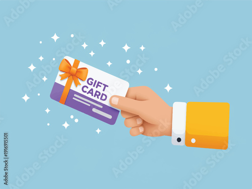 Hand holding purple and white gift card with orange ribbon and sparkles on blue background