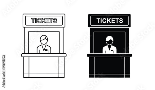 Two ticket booth icons with people selling tickets in black and white