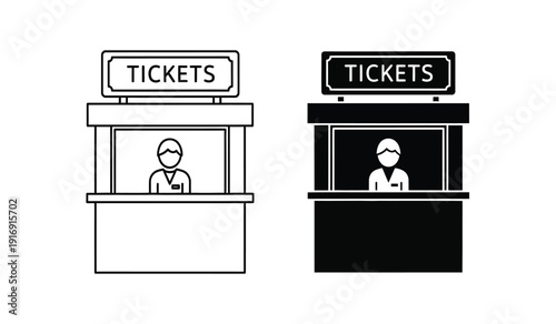 Two ticket booths with people wearing face masks one in black and white and the other in color