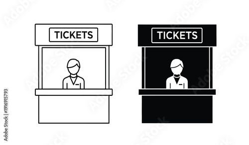 Two ticket booths with a person inside each one in black and white line art