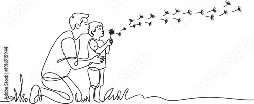 Single continuous line drawing father and son blowing dandelion. Outdoor activities together strengthen bonds. Get many benefits. Happiness. National Dandelion Day. one line Icon drawing