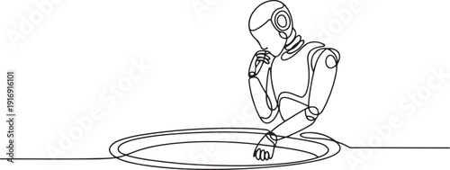 Continuous one line drawing robot standing wondering, looking at big hole. Humanoid robot cybernetic organism. Future robotics development concept. one line Icon drawing