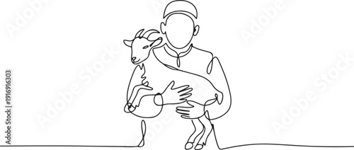 One continuous line drawing of young happy muslim holding a goat. Muslim holiday the sacrifice a sheep or goat to God, Eid al Adha greeting card concept. one line Icon drawing