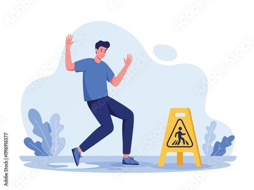 Man in blue shirt and pants slipping on wet floor next to caution sign and plants