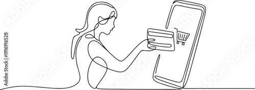 Single one line drawing young woman inserting credit card into canopy smartphone screen with shopping cart. Digital payment concept. one line Icon drawing