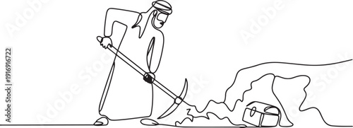 Single one line drawing Arab businessman digging with pickaxe looking for hidden treasures. Man digging and mining for treasure chest in underground tunnel. one line Icon drawing