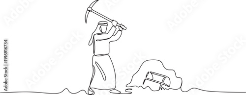 Single one line drawing Arab businessman digging with pickaxe looking for hidden treasures. Man digging and mining for treasure chest in underground tunnel. one line Icon drawing