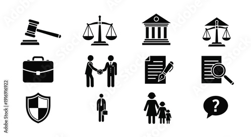 Collection of black silhouette icons representing various legal and business concepts for documentation purposes