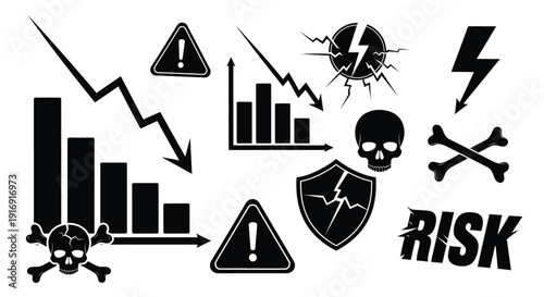 Collection of black and white icons representing financial downturns danger and unavoidable business risk factors