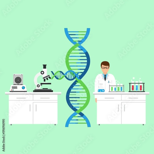 DNA Research Lab: Scientist, Microscope, and DNA Helix Illustration