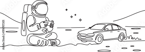 Single continuous line drawing of astronaut playing sedan car radio control in moon surface. Having fun in leisure time on outer space concept. one line Icon drawing