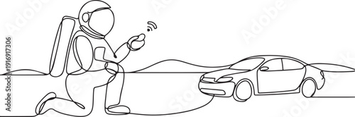 Single continuous line drawing of astronaut playing sedan car radio control in moon surface. Having fun in leisure time on outer space concept. one line Icon drawing