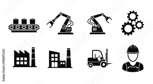 Set of black and white icons representing modern industrial automation manufacturing processes and factory elements