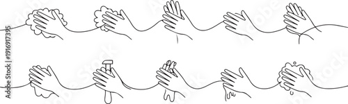 Continuous one line drawing twelve steps hand washing by rubbing the palms of the hands with soap until they are clean from germs. Hand hygiene. one line Icon drawing