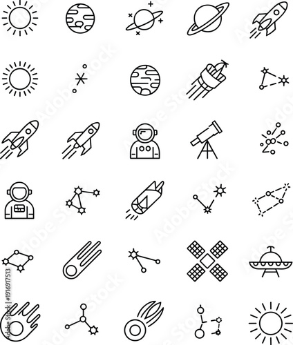 space, astronomy, icons, line, vector, planet, rocket, astronaut, galaxy, satellite, constellation, telescope, sun, universe, science, exploration, cosmos, orbit, collection, set
