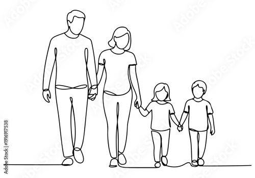 Family outline vector illustration isolated on white background, parents and children holding hands, unity, love, lifestyle concept.