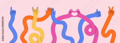 Multiple long hands with different hand gestures. vector illustration.  Cartoon elongated arms
