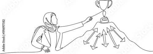 Continuous one line drawing Arab businesswoman wants to achieve prizes at peak of career. Getting resistance from all directions. Painful failure. Traitor. one line Icon drawing