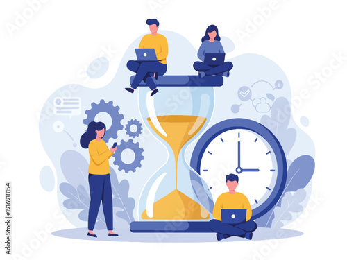 People working on laptops with hourglass and clock  time management concept