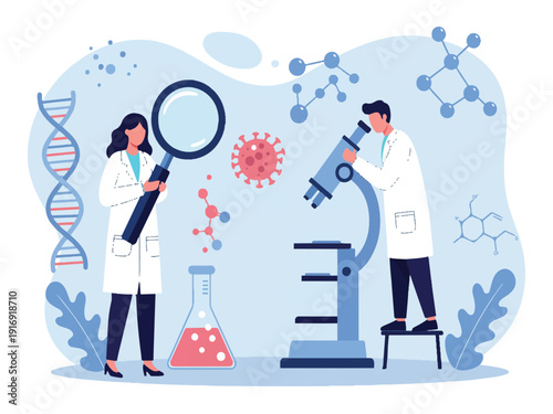 Scientists in lab coats examining virus cells with microscope and magnifying glass  laboratory research concept with dna molecules and chemical compounds