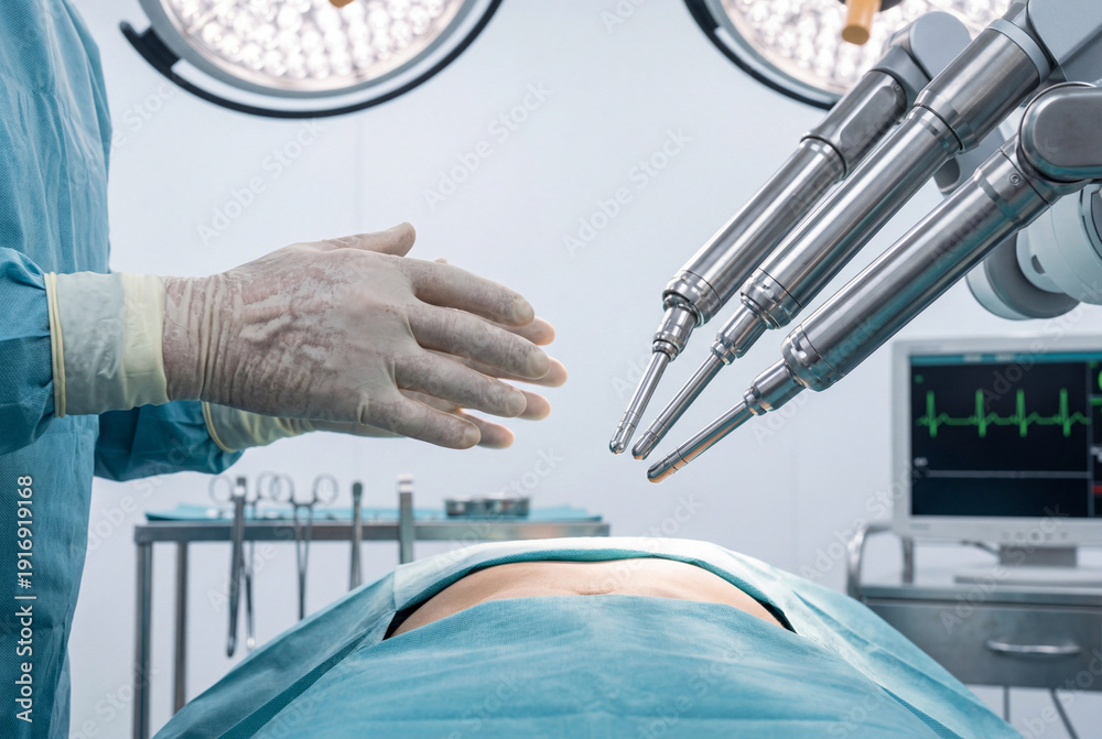 Obraz premium Surgeon's Hands Hesitating Over Patient While AI Surgical Robot Waits