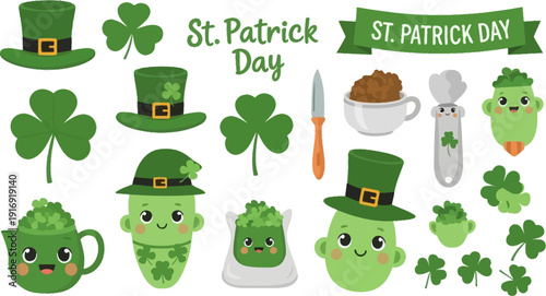 St patrick day set with green hat, shamrock, kettle, gold coins, and cute happy green creatures