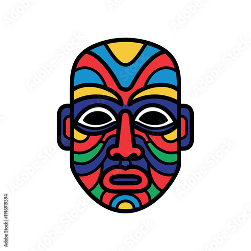 Vibrant tribal mask illustration on white background, showcasing colorful patterns and designs