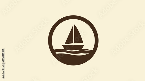 A sailboat graphic encircled, resting on wavy lines in a dark brown color against a cream background