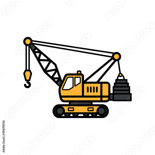 Crane lifting heavy load on construction site, viewed from the side in a simple illustration