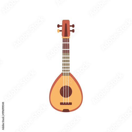 A person plays a bouzouki instrument on stage with a white background.