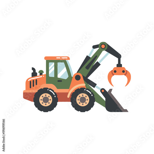Illustration of a green and orange loader with a claw on a white background