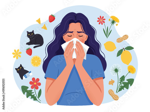 Woman blowing nose surrounded by allergy triggers like flowers cats peanuts and citrus fruits on white