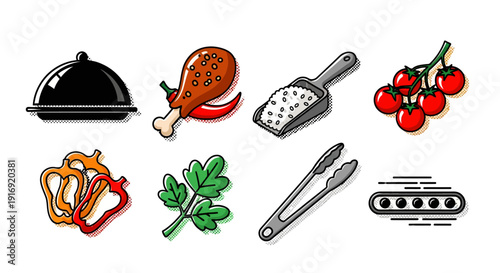Retro comic style culinary icons: chicken, peppers, spices, and kitchen tools
