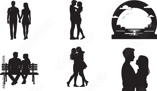 Silhouettes of couples in various romantic poses and a sunset scene love romance