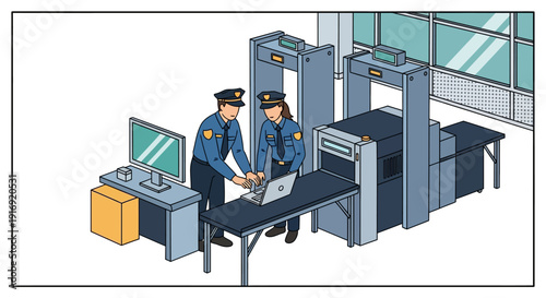 Isometric airport security checkpoint with officers working on computers