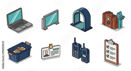 Isometric airport essentials: technology, security, and travel icons