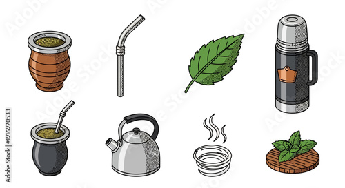 Colorful beverage icons featuring mate, thermos, and herbs in vintage style