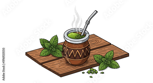 Traditional wooden mate cup with straw and fresh mint leaves on rustic wooden board