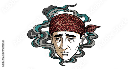 Vintage style sad pirate with bandana and smoke background